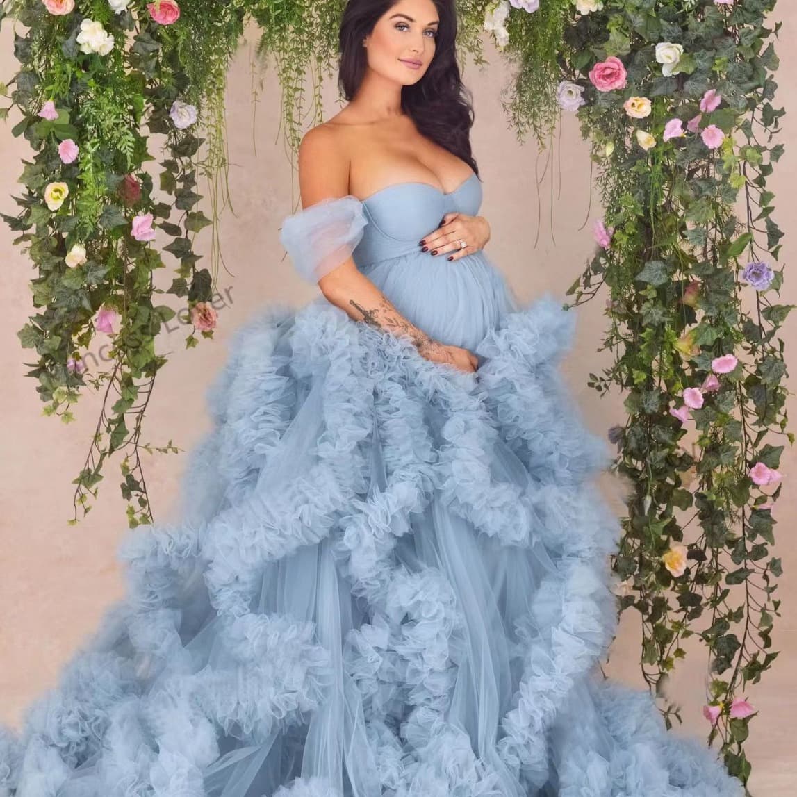 Women's Clothing maternity photo shoot dress large size front slit dress blue dress