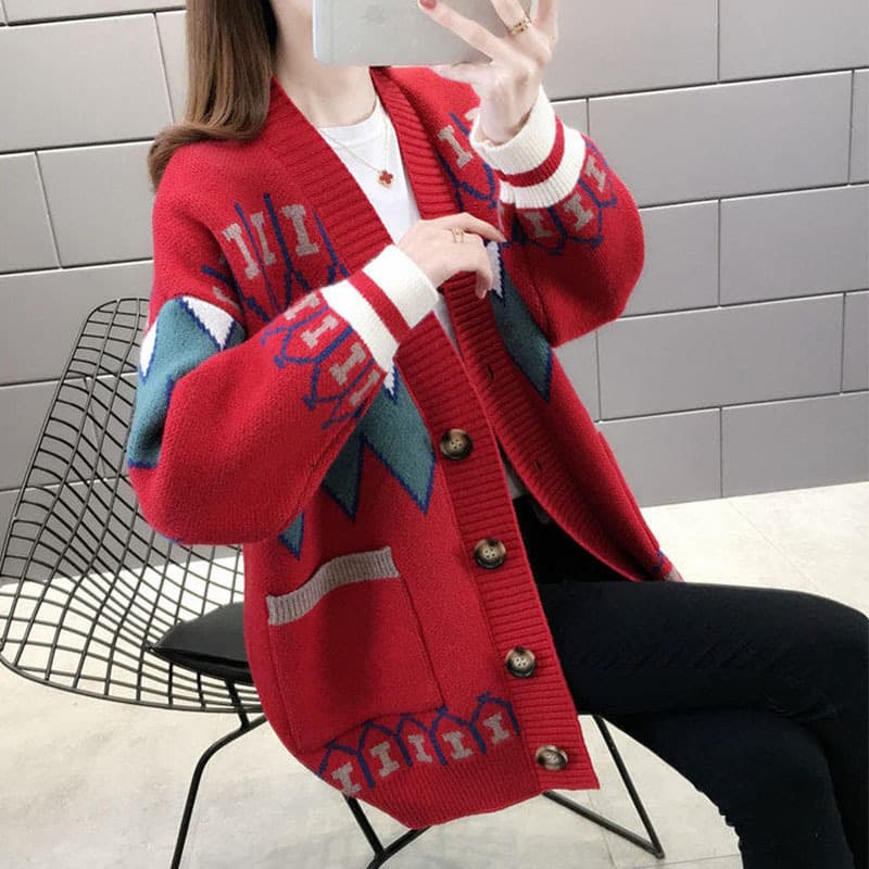 ​​"Stylish Color Block Knit Cardigan – Lightweight V-Neck Shawl Top, Loose Fit For Spring & Autumn"​​