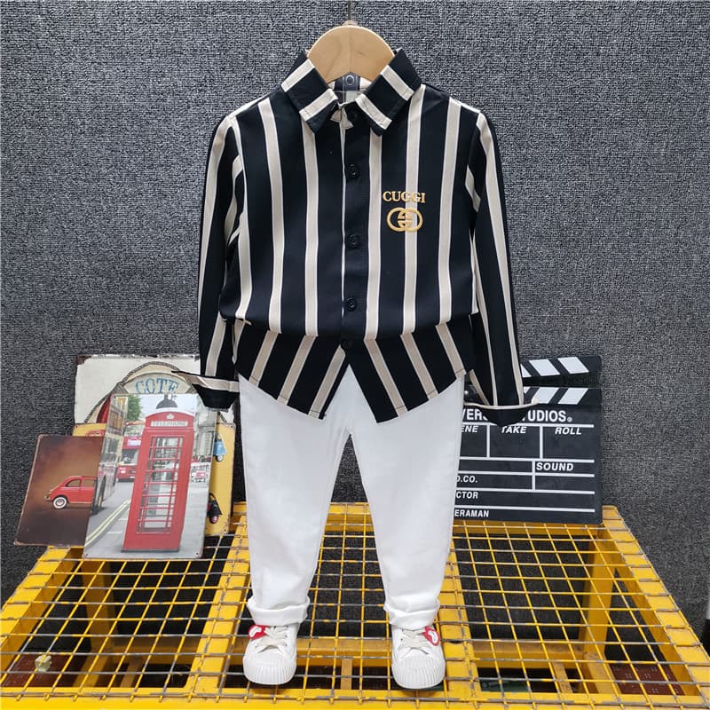 Ensemble 2 pièces pour garçon, collection automne 2023, style coréen : chemise rayée à manches longues + pantalon décontracté uni.