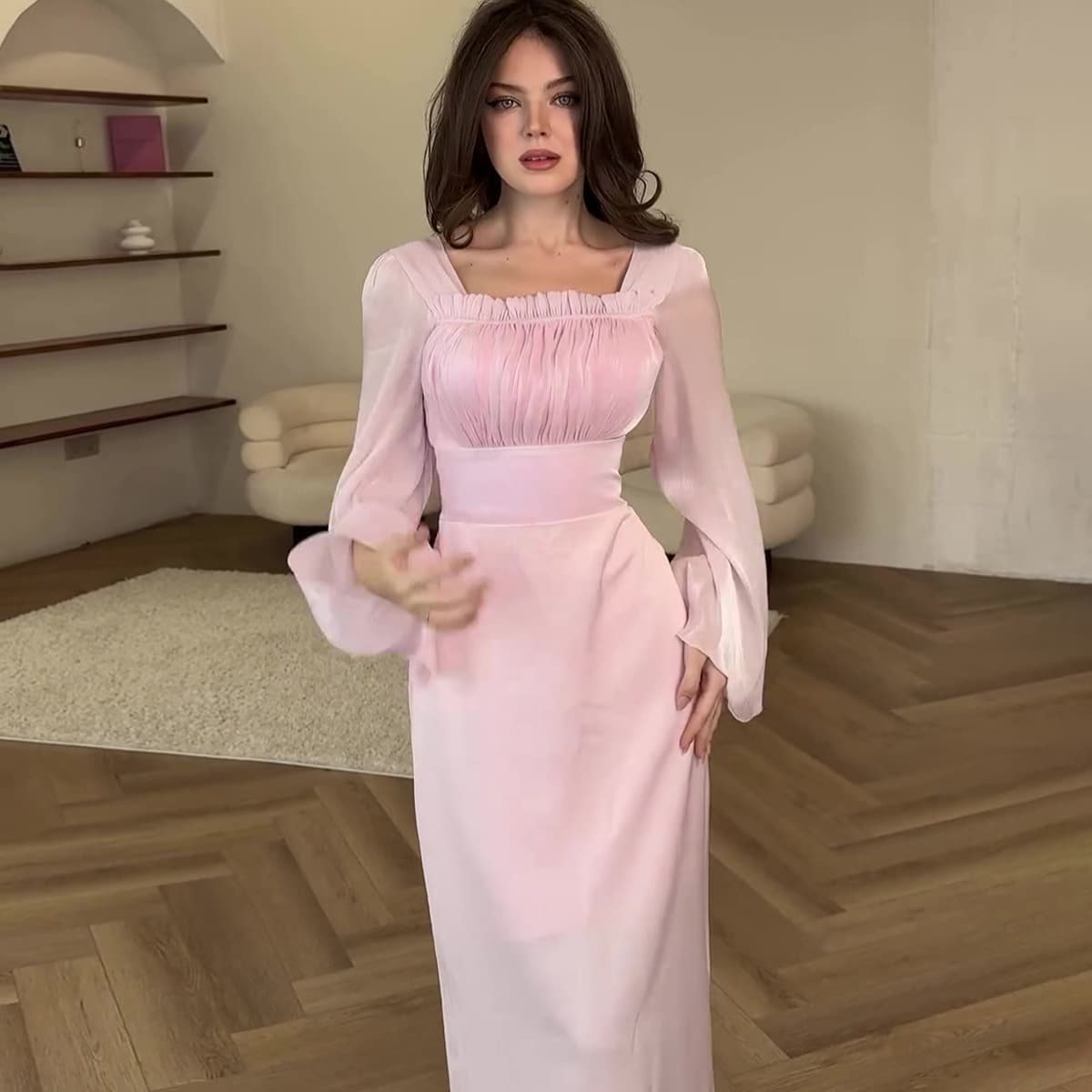 Women's Clothing Square Collar Splicing Pleated Mercerized Sweet Solid Color Trumpet Sleeve Hip Dress