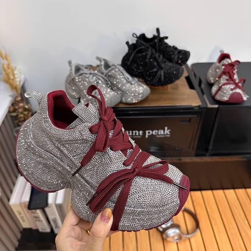 Rhinestone Chunky Sole Fashion Lace-Up Leather Casual Sneakers Women's Platform Height Increasing Shoes Round Toe Black Gray Angora Red