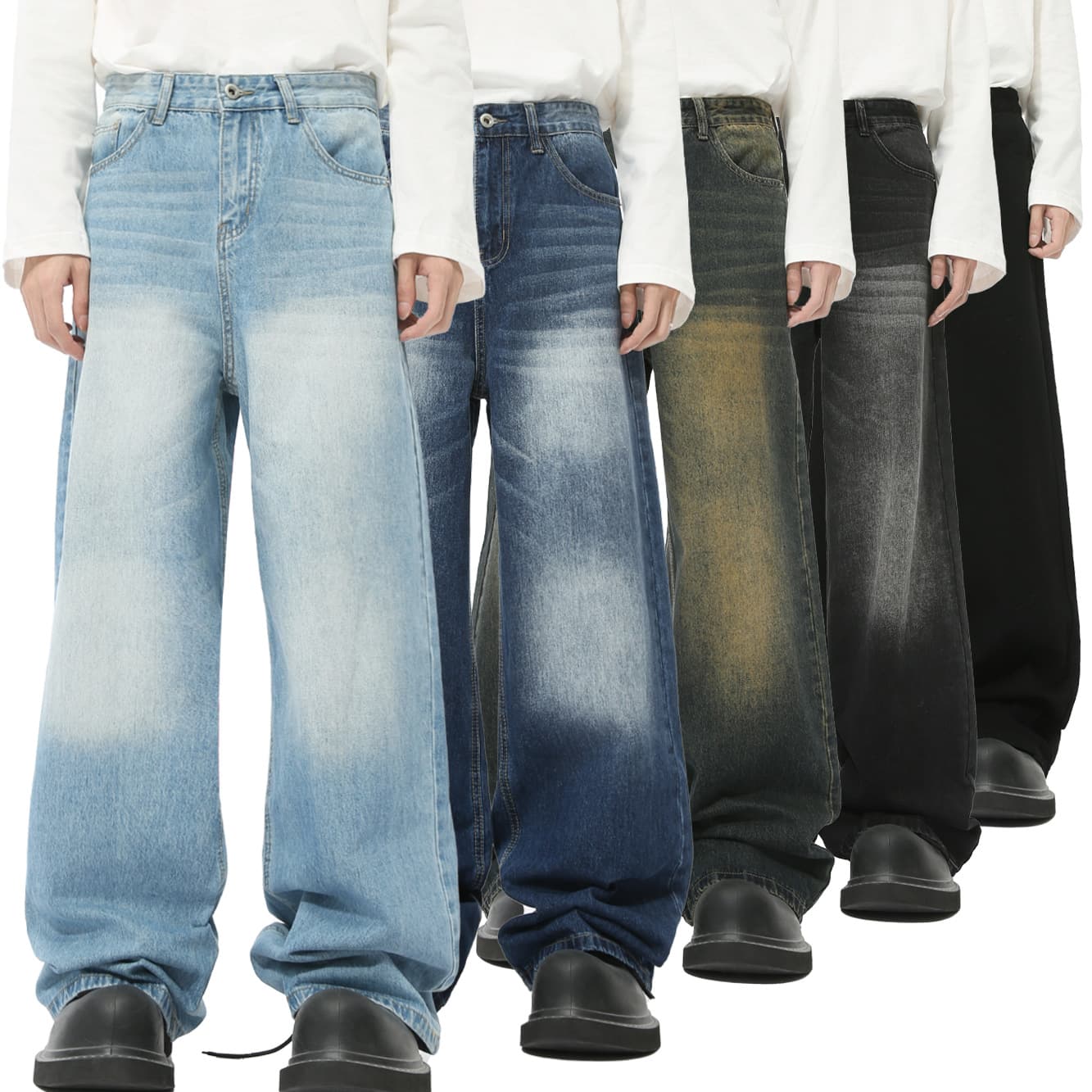 New Product, Retro Multi-color Old Polished White Wide-leg Straight Jeans