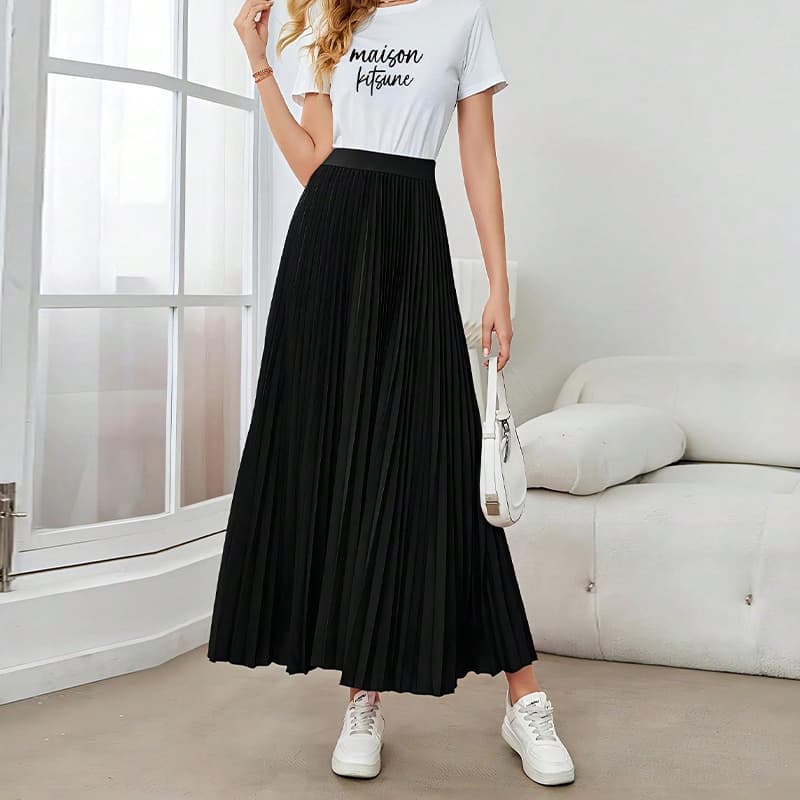 Jupe midi évasée plissée élégante pour femme – Jupe noire en polyester, nouveau style, idéale pour les déplacements quotidiens et les voyages.