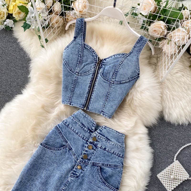 Women's suit new feminine short camisole high waist denim skirt
