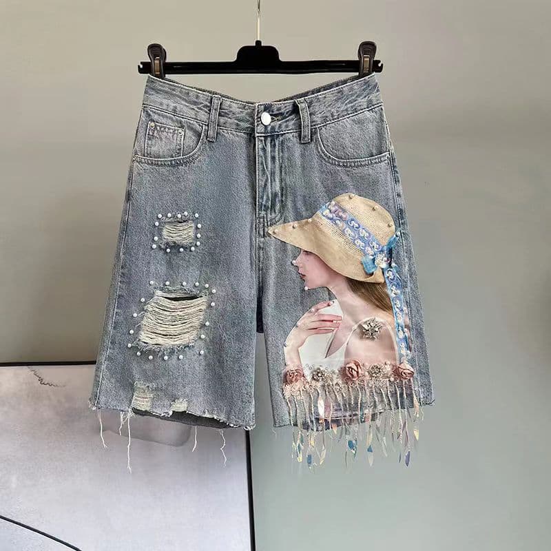 Women's clothing New Three-Dimensional Character Blue Jeans Ripped Sequin Beaded Tassel Shorts Women's Trend