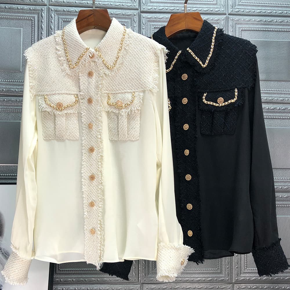 Shirt Chain Gold Braided Tweed Jacket Splicing Top for Women