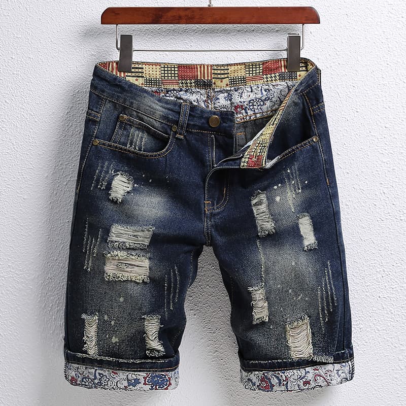 Perforated patched five point jeans for men in 2024, trendy and personalized fashion shorts, versatile horse pants