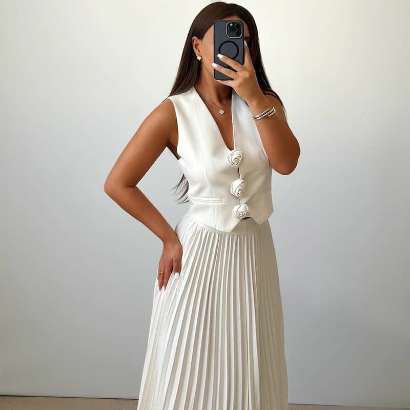 Sleeveless Vest Heavyweight Half-length Pleated Long-sleeved Women's High-end Two-piece Suit