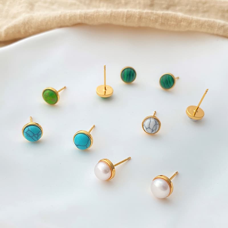 Small natural stone earrings, brass plated with K real gold, high grade turquoise earrings, freshwater pearl earrings