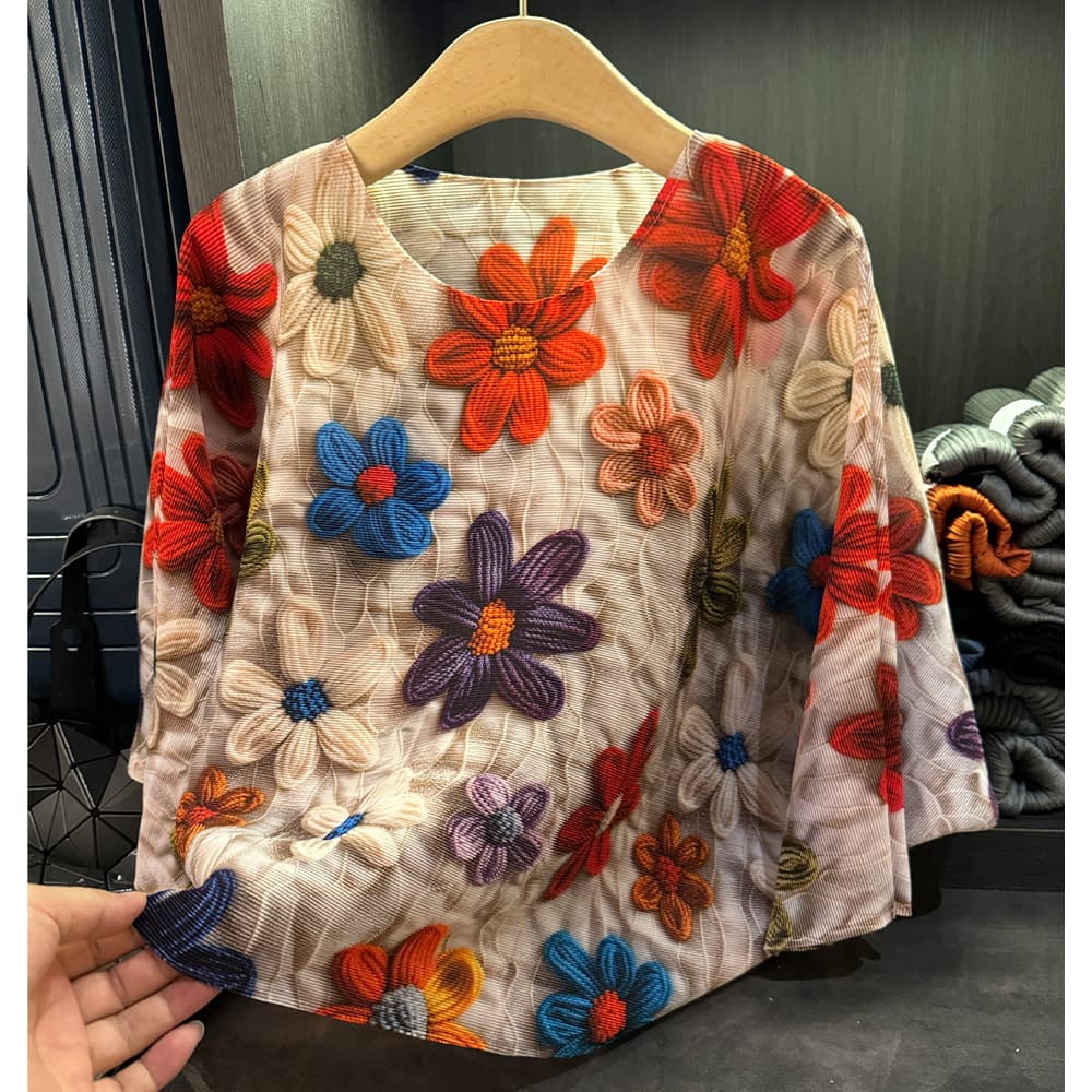 Women's Clothing High End Fashion Printed Loose Pleated Tops For Women In Autumn New Commuting Round Neck Bat Sleeve T Shirt