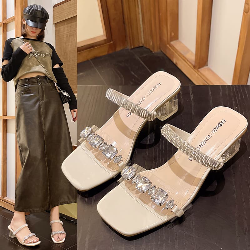 Large Size Cool For Women's 2024 Summer New High Transparent Thick Heels, Rhinestone Line Slippers