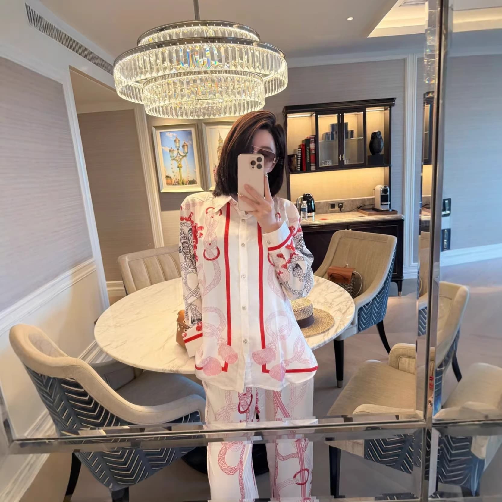Elegant Printed Satin Loungewear Set, Long Sleeve Shirt And Wide-Leg Pants, Sophisticated Two-Piece Ensemble