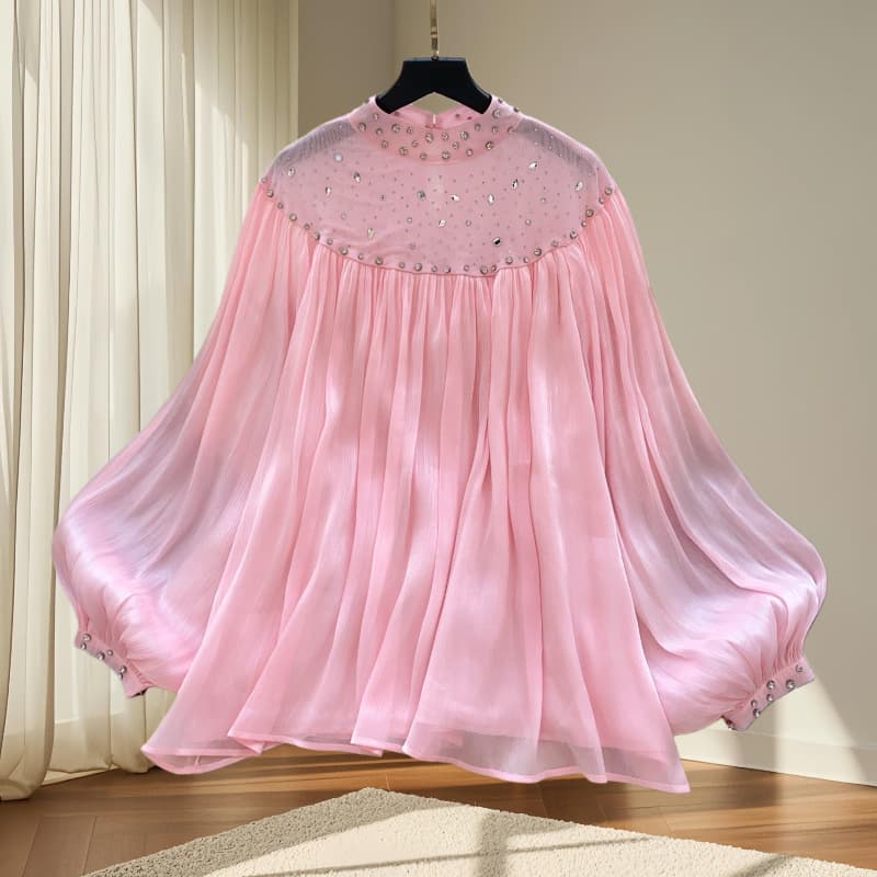Korean-Inspired Floral Embellished Blouse – Elegant Fringe & Flowy Sleeves (S-L, Versatile For Work & Date Night)
