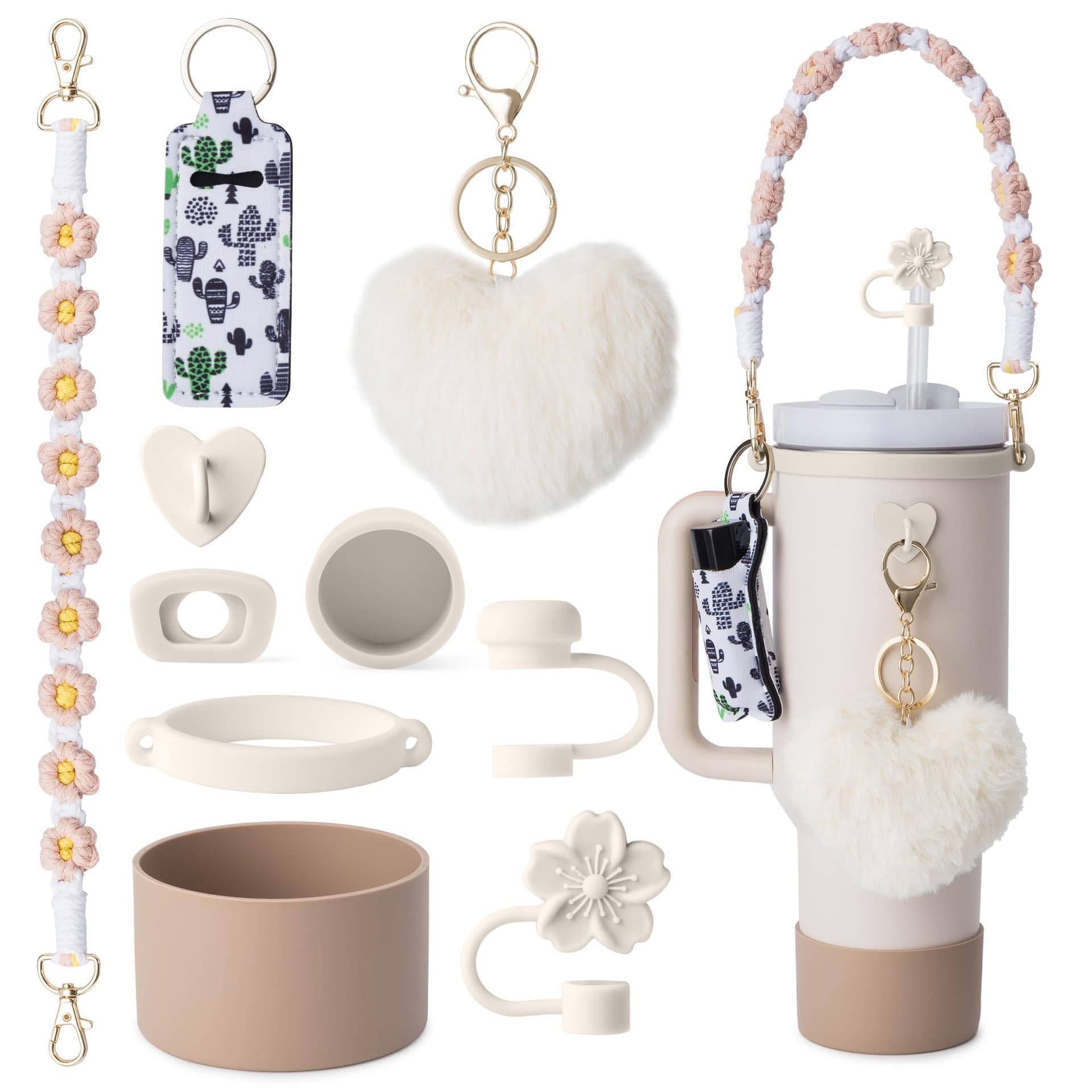 Floral Woven Straw Topper With Cute Pom Keychain & Heart Charm - Compatible With 30oz/40oz Tumblers - Stylish Drink Lid Cover & Straw Cap​