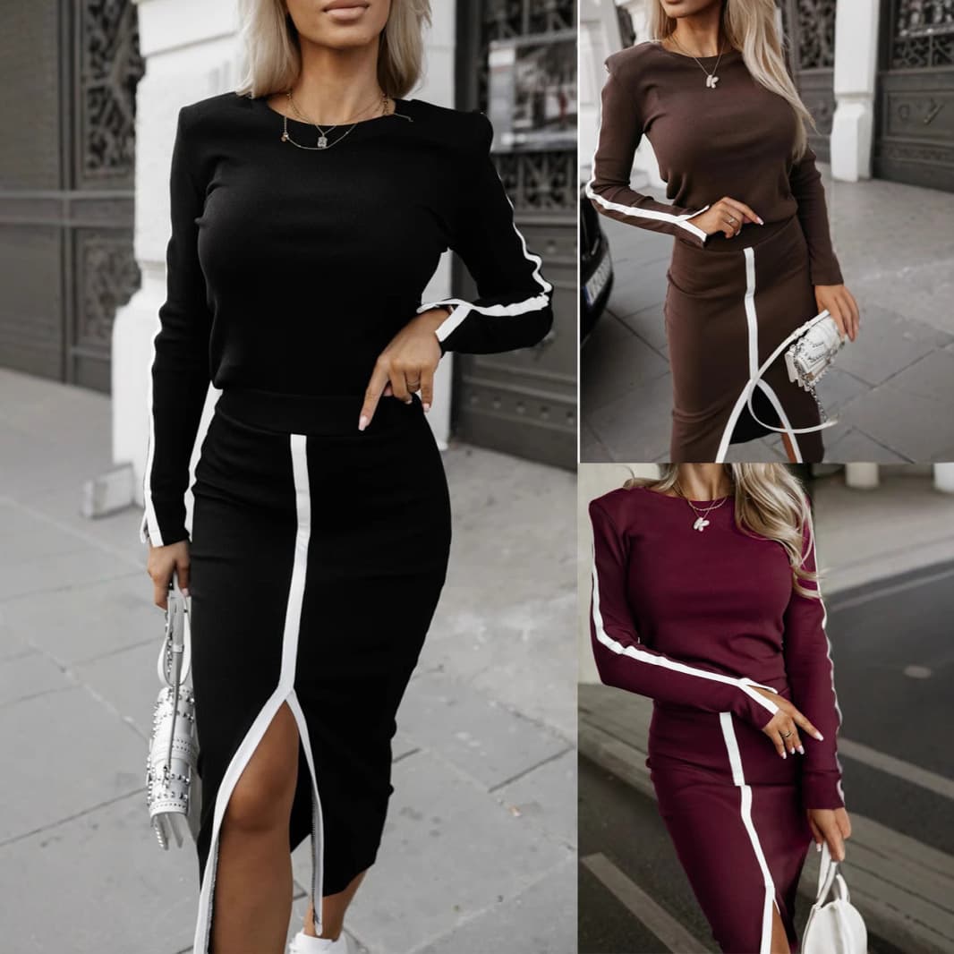 Women's Clothing New Autumn And Winter Fashion Long Sleeved Solid Color Split Two Piece Skirt Suit