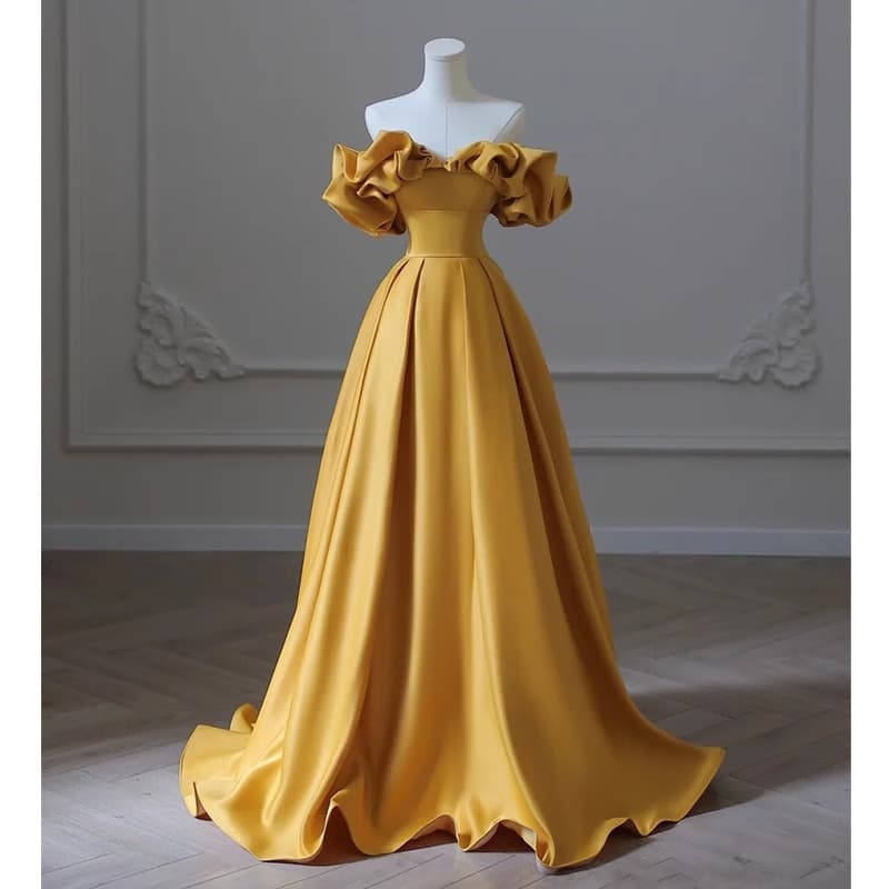 Women's Clothing One Shoulder Banquet Evening Dress For Women Satin Yellow Temperament Light Luxury Niche High End Art Exam Host Dress