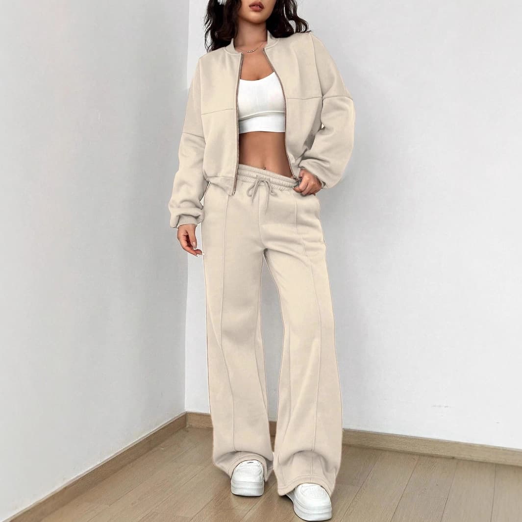 Casual Long Sleeve Zip-Up Hoodie With High-Waist Drawstring Pants Set – Stylish & Comfortable Two-Piece Outfit