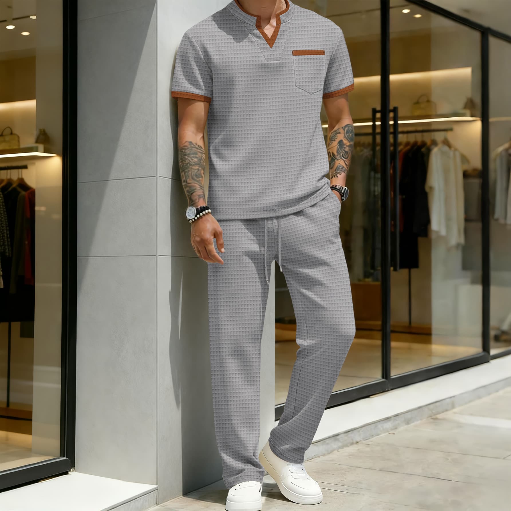 Men's Large Checkered Casual Suit - Breathable Color Blocking V-Neck T-Shirt with Short Sleeves And Double Layer Pockets Trousers Set