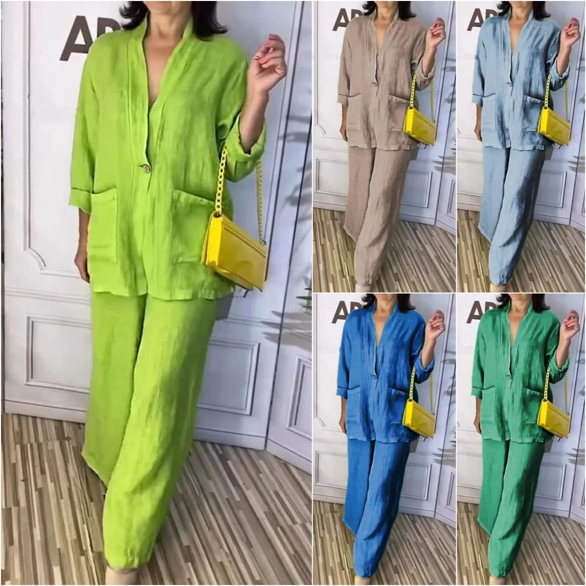 Women's Clothing Women's Solid Color Large Size Casual Cotton And Linen V Neck Suit Trousers Two Piece Set