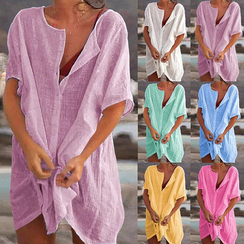Women's Clothing Medium Long Loose Solid Color Short-sleeved Shirt Woman