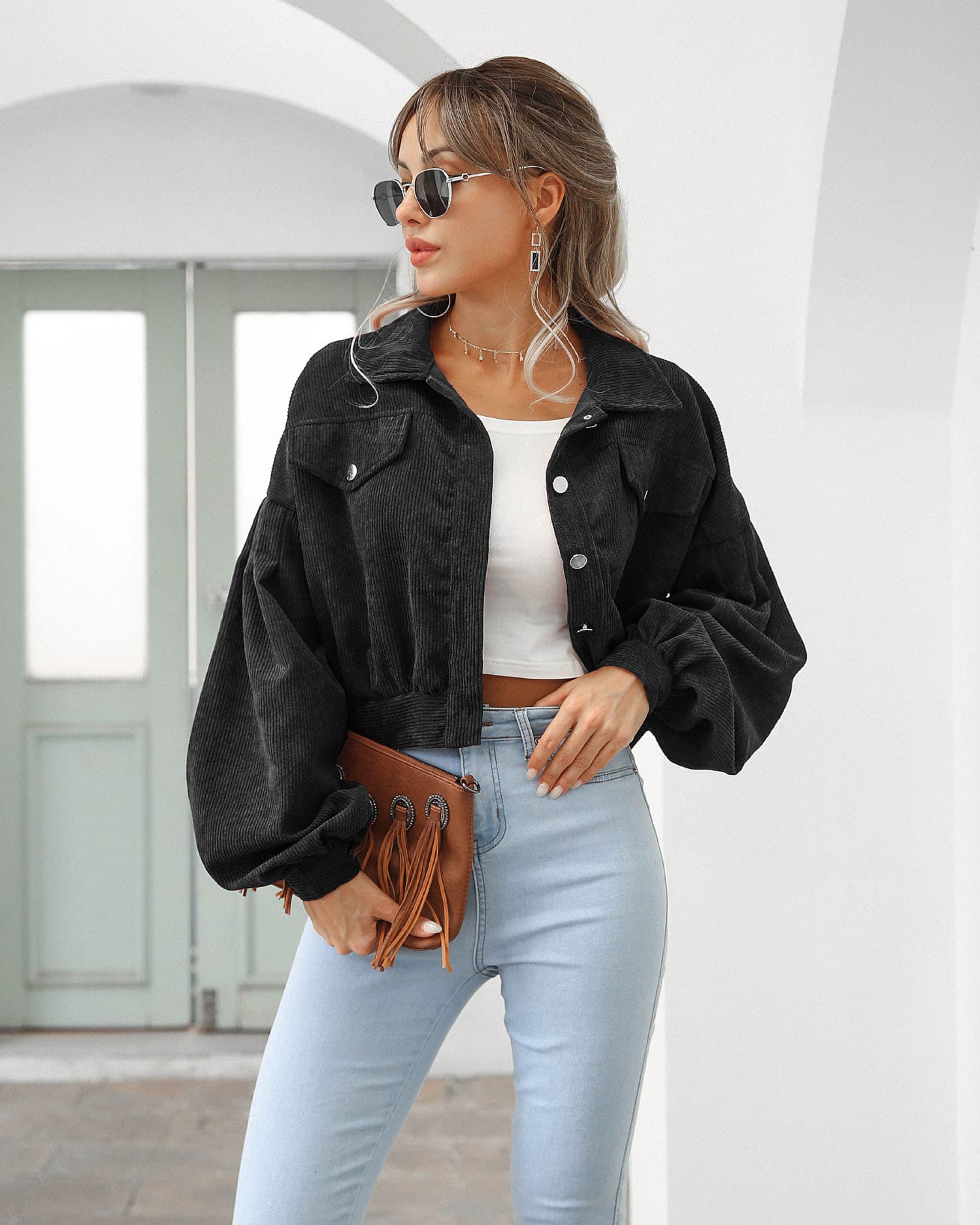 Women's Corduroy Jacket With Turn-Down Collar & Lantern Sleeves – Casual Fall/Winter Coat, Loose Fit, Single-Breasted Short Outerwear