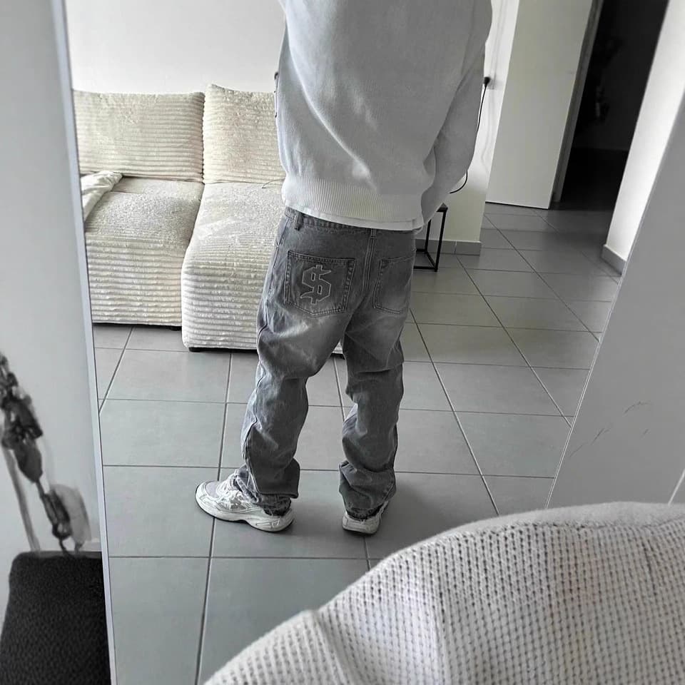 Fashionand Environmentally Friendly Fabrics American High Street Washed Retro Jeans Old Letter Embroidered Men's And Women's Wide-leg Rough-edge Pants