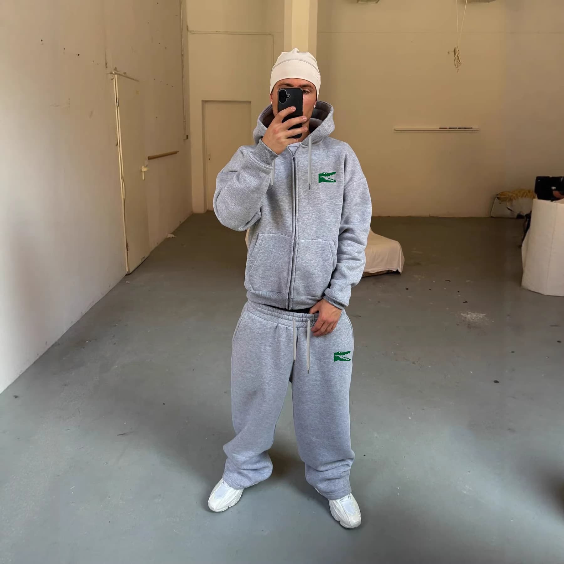 Spring New Cotton Blend Hoodie With Playful Alligator Print, Zip-Up Pullover Casual Hooded Sweatshirt For Men & Women