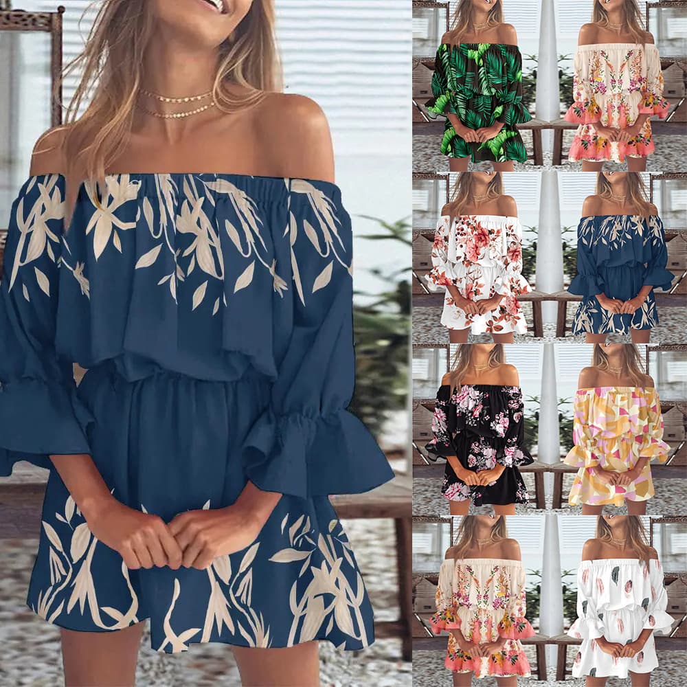Women's Clothing sexy and fashionable one-shoulder printed dress for women