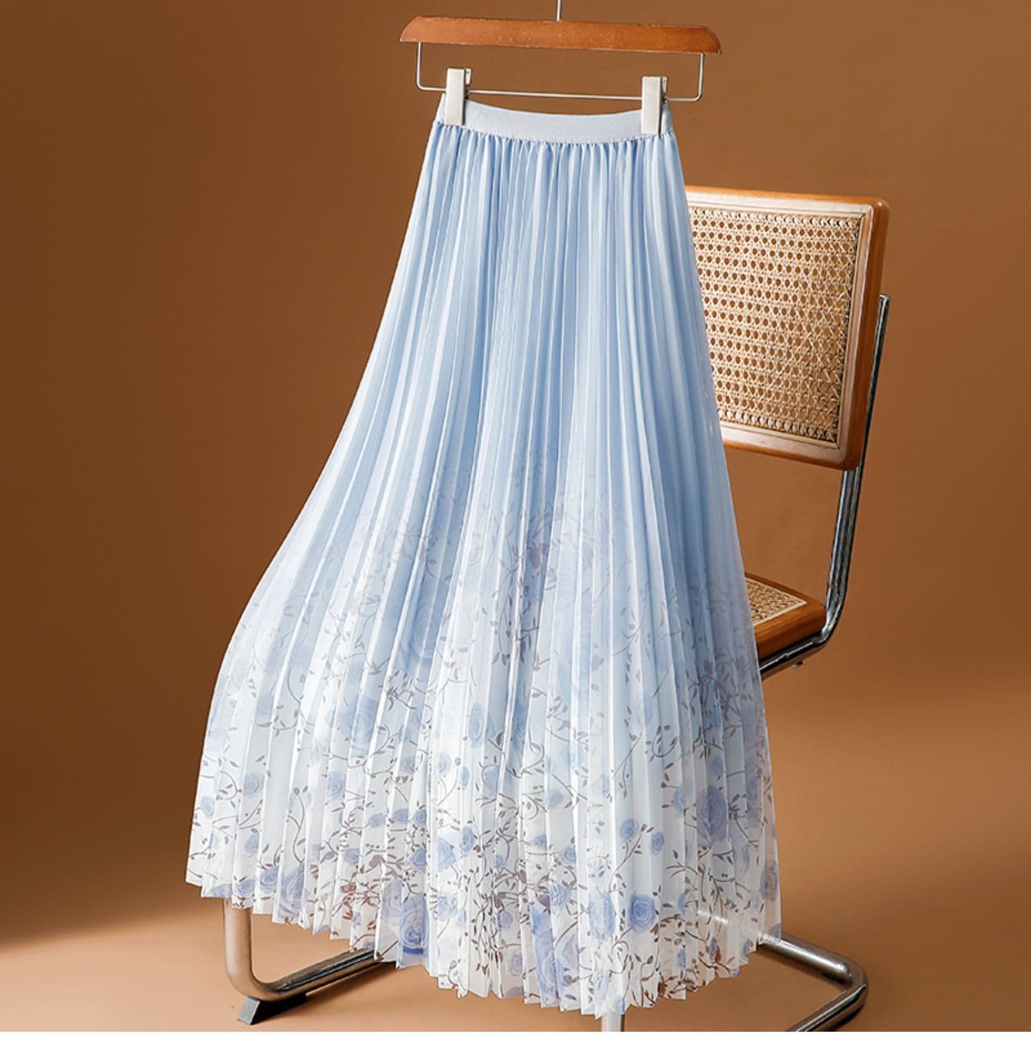 Women's Clothing Printed mesh skirt women's spring and summer new floral gauze skirt medium length drape pleated skirt A line long skirt