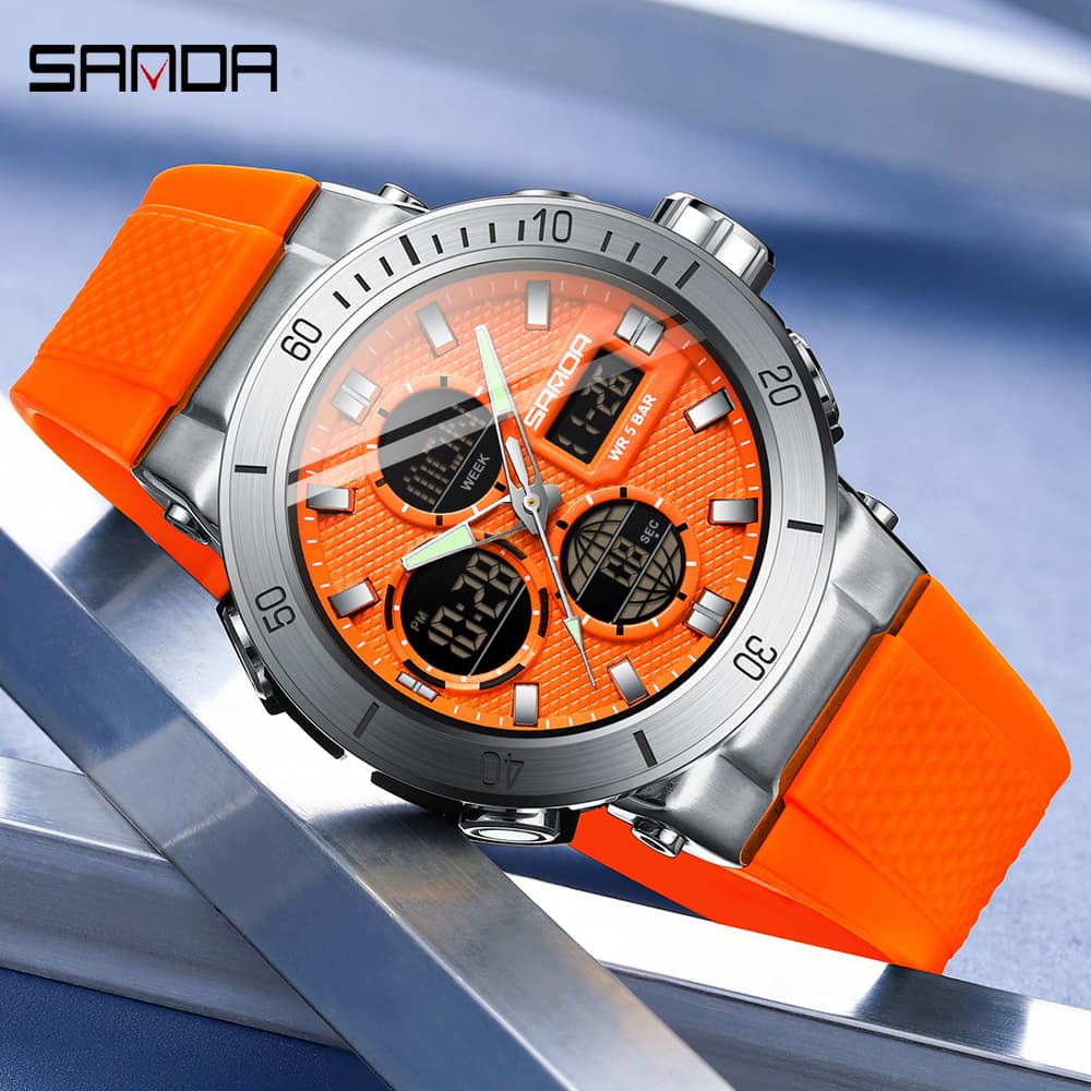 Montre de sport SANDA pour homme, bracelet en silicone orange, chronographe de luxe étanche, à quartz, affichage numérique de la date et de la semaine