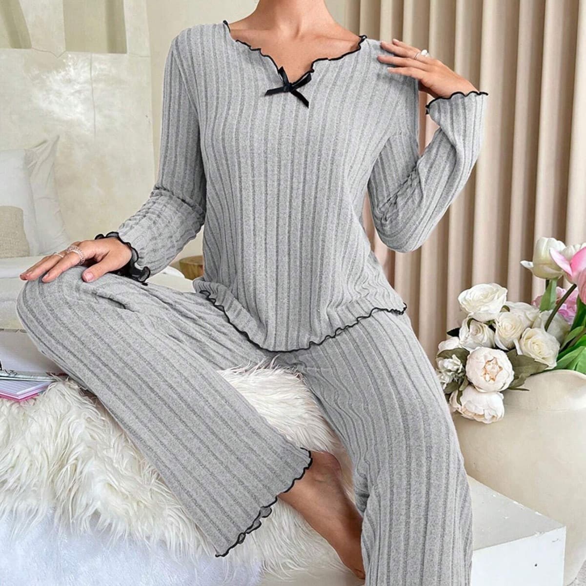 Pyjama pour femme, nouveau modèle, noir, à rayures, idéal pour la maison