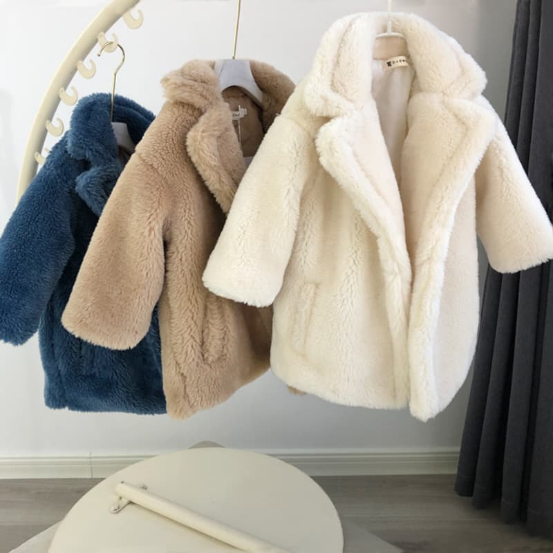 ​​Kids' Longline Faux Fur Coat – Winter & Spring Plush Jacket With Single Button Closure (White/Pink/Khaki/Misty Blue, 90-160cm For Ages 3-8)​​