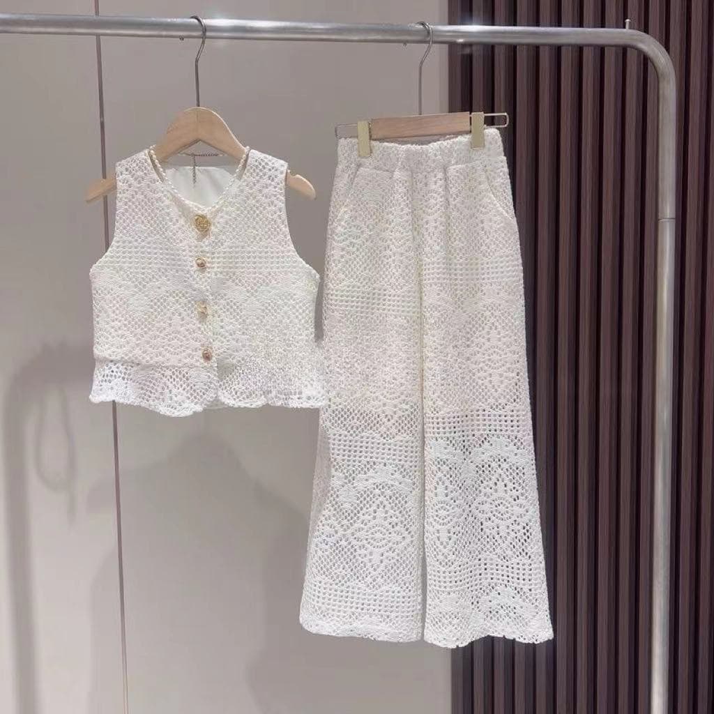 Mother & Kids Girls summer suit 2024 new Korean lace hook flower light luxury temperament children's small fragrance style two-piece suit trend