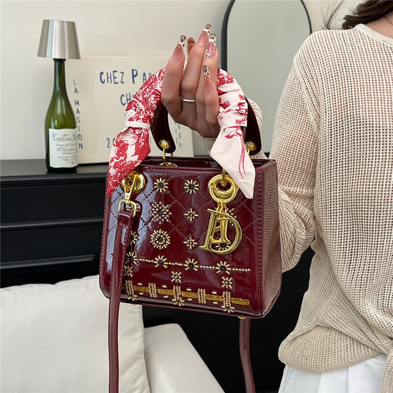 Luxurious Studded Silk Scarf Handbag Women's Chic Patent Leather Crossbody Bag Multi-Compartment Zipper Closure Medium Size