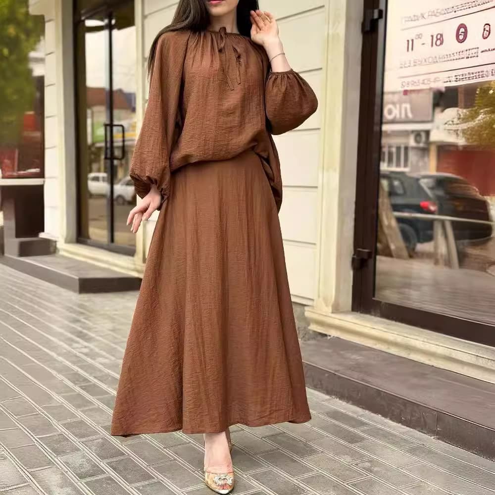 Women's Clothing Muslim Style Puff Sleeve Loose Top Big Swing Skirt