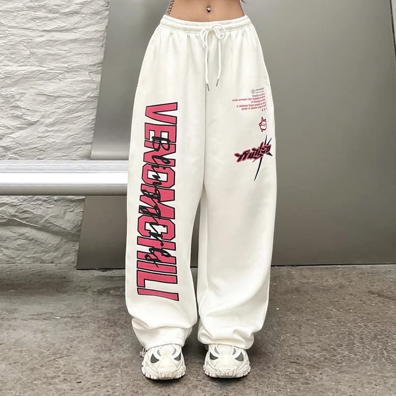 Women's Clothing Spring And Autumn Wide Leg Sweatpants For Women Hip Hop Print White Jazz Dance Sports Drawstring Trousers
