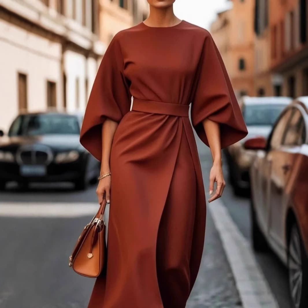 Women's Clothing Fashion Temperament Elegant Solid Color Waist Dress Casual Bat Sleeve Long Dress