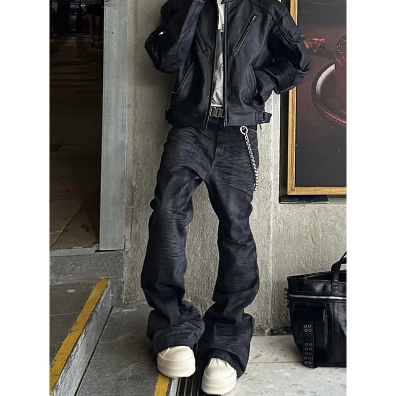 Men's Black Waxed Coated Flared Jeans – High Street Vintage Stacked Hem Slim Fit Extra Long Pants (S-3XL)​