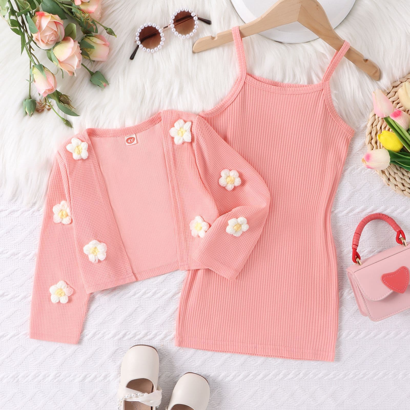 Mother & Kids Floral Jacket Camisole Inner Layer Girls' 3-Piece Spring Outfit Set – Long-Sleeve Floral Jacket + Sleeveless Dress (Pink, 4Y-7Y)