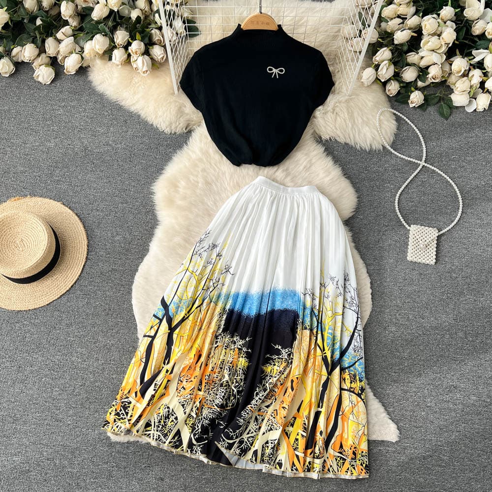 Women's Clothing Short Knitted Top In The Long Pleated Printed Skirt Two Sets Of Women