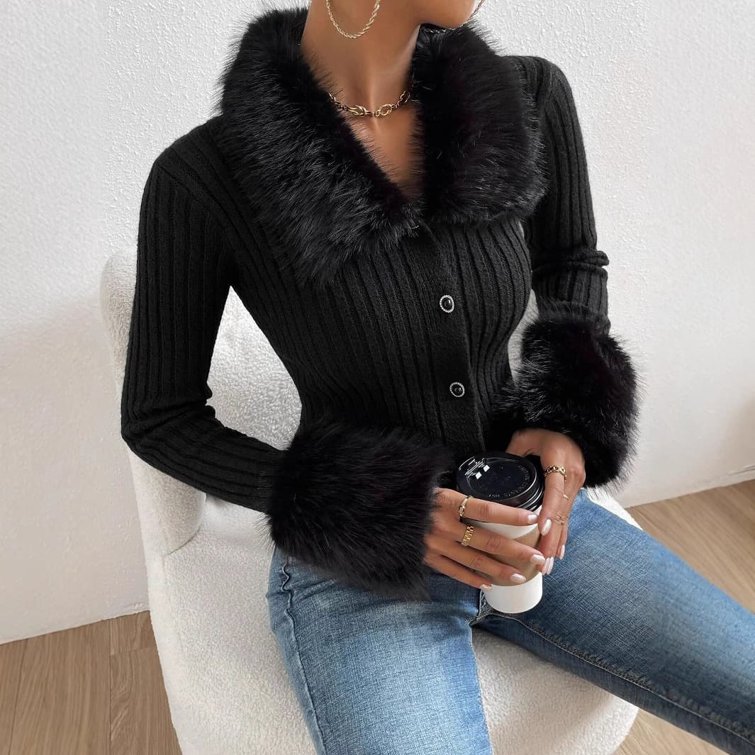 ​​Women's Slim Fit V-Neck Knit Cardigan With Faux Fur Collar - Soft Winter Sweater For Casual & Elegant Style (Black, Peacock Blue, Pink)​