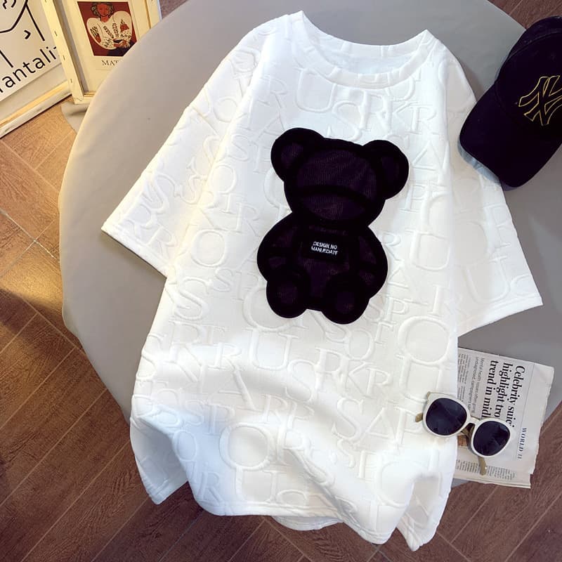 Thickened T-shirt for women medium-length bear round neck short-sleeved loose printed bottoming shirt top t trendy