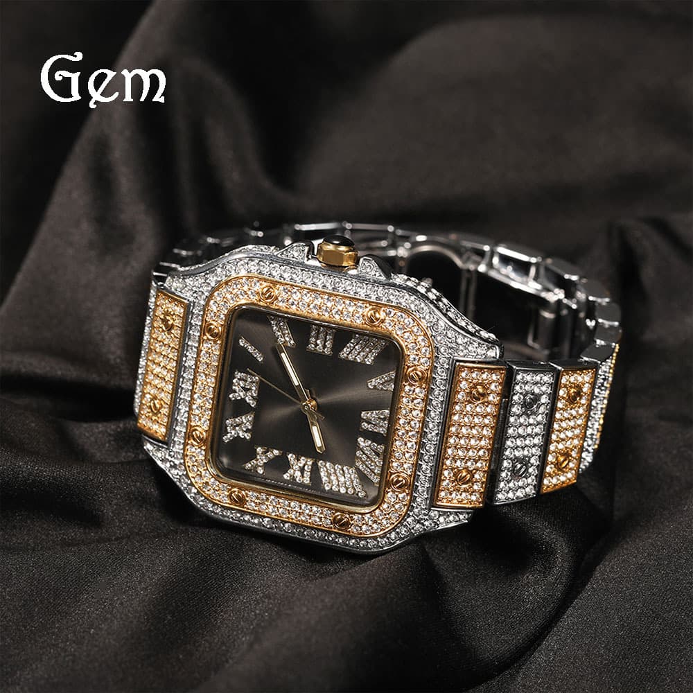 Iced Out Bussdown Watch For Men - Hip Hop Square Dial Roman Numeral Quartz Wristwatch, Full Diamond-Encrusted Bling Bling