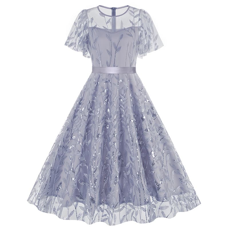 Women's Clothing round neck mesh waist belt dress retro dress