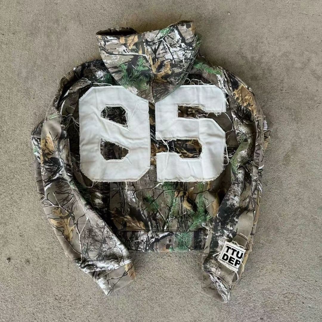 Men's Clothing Retro Street Hip Hop Zipper Jacket Camouflage Letter Trendy Brand Hooded Loose Sweatshirt