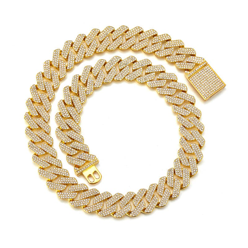 Men's Jewelry Hit 20MM Hip Hop Full Diamond Thick Necklace Zinc Alloy Diamond Exaggerated Three Row Diamond Cuban Chain Men