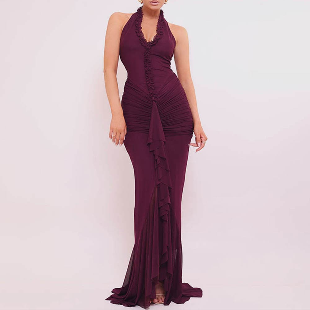 Women's Clothing Sexy Halter Neck Maxi Dress – Deep V-Cut With Ruffle & High Slit In Black, Purple & Beige