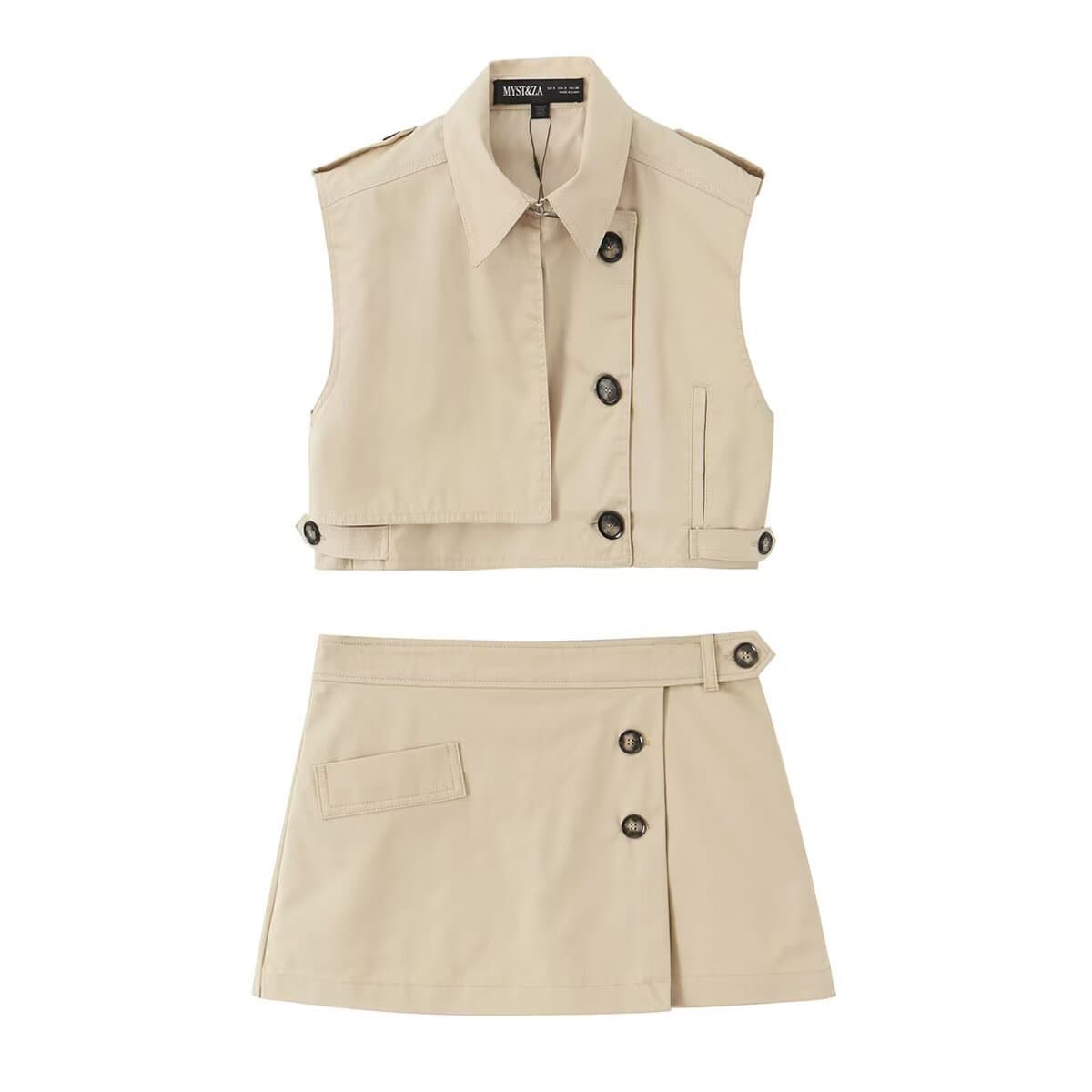 Fashion Suit For Women American Style Hot Girl Casual Turn-Down Collar Sleeveless Vest Jacket Bodycon Half Short Skirt