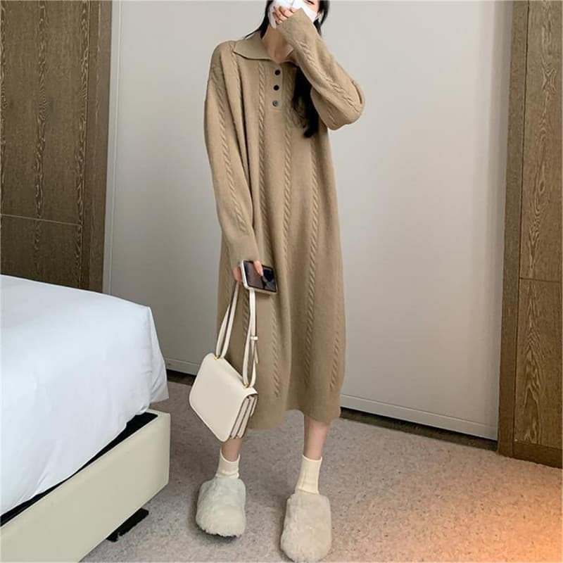 Women's Clothing Oversized Knit Sweater Dress With Shawl Collar - Long Cable Stitch Boho Maxi Dress (Beige/Cream, One Size)