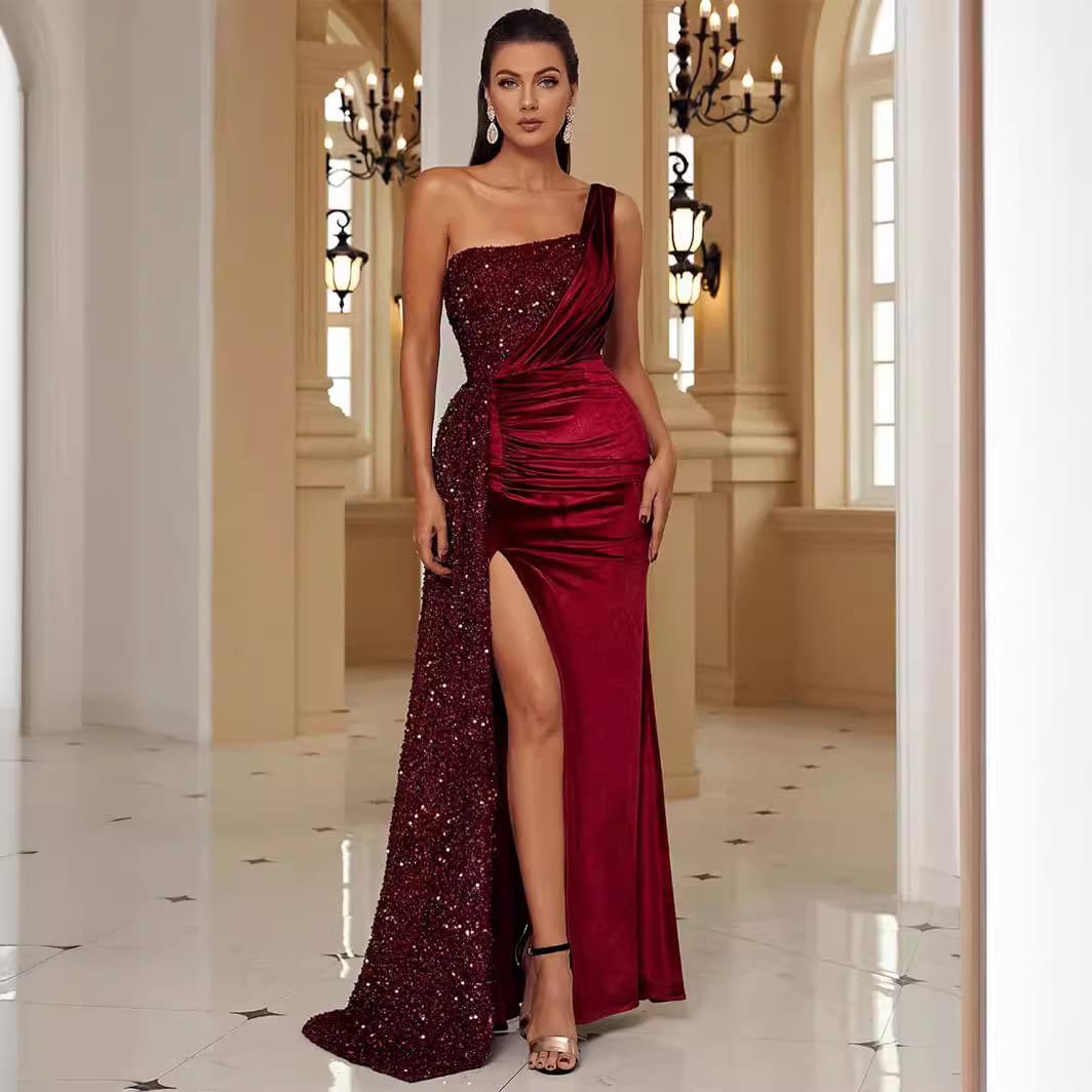 Women's clothing trade women's light luxury, high-end fishtail, high-end banquet temperament, single off-shoulder dress, evening dress for women